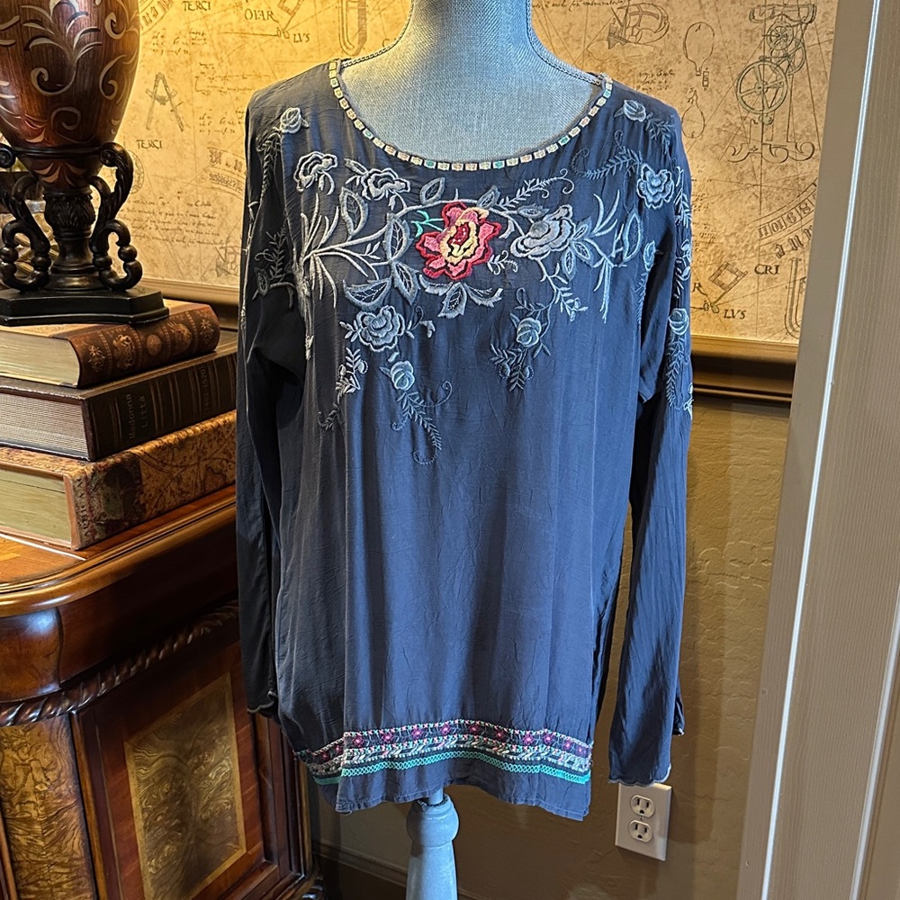 Johnny Was Charcoal Long Sleeve with Pink Floral Embroidery